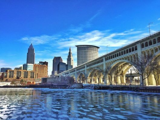 Cleveland skyline with frozen river